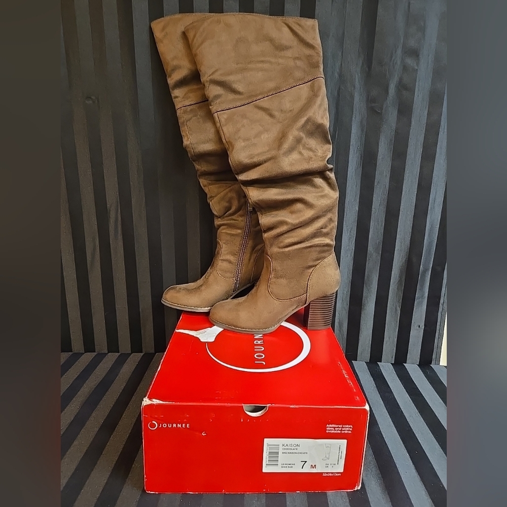 Journee Collection Women US 7 Or 10 Kaison Thigh High Boots Faux Suede Chocolate - Picture 2 of 16